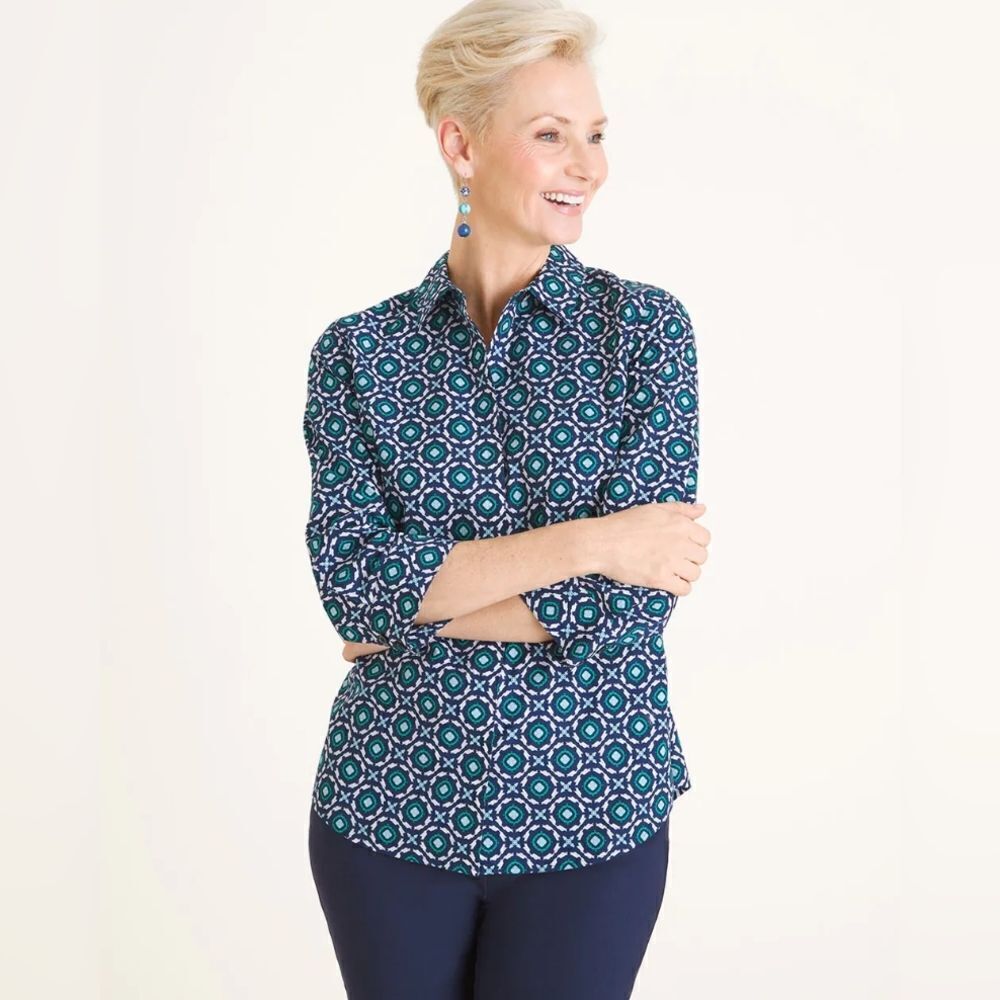 Chico's No Iron Cotton Square-Print Stain Shield 3/4 Length Sleeve Blouse Top